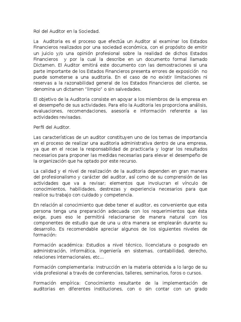 Rol del Auditor en la Sociedad | PDF | Contralor | Contabilidad