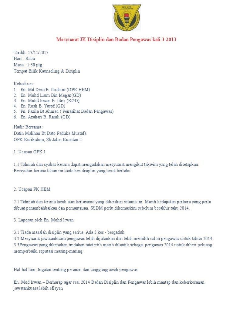 Mesyuarat JK Disiplin Dan Badan Pengawas Kali Ke 3 2013