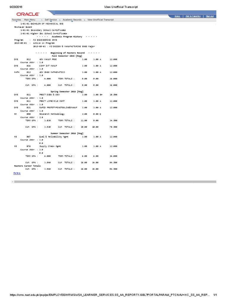 Unofficial Transcript for MS Engineering | PDF