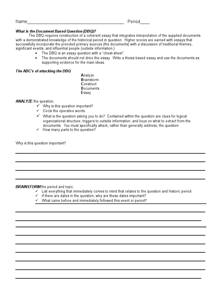 DBQ Worksheet Essays Question