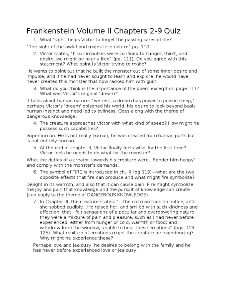 Frankenstein Volume II Quiz TEACHER EDITION PDF Frankenstein