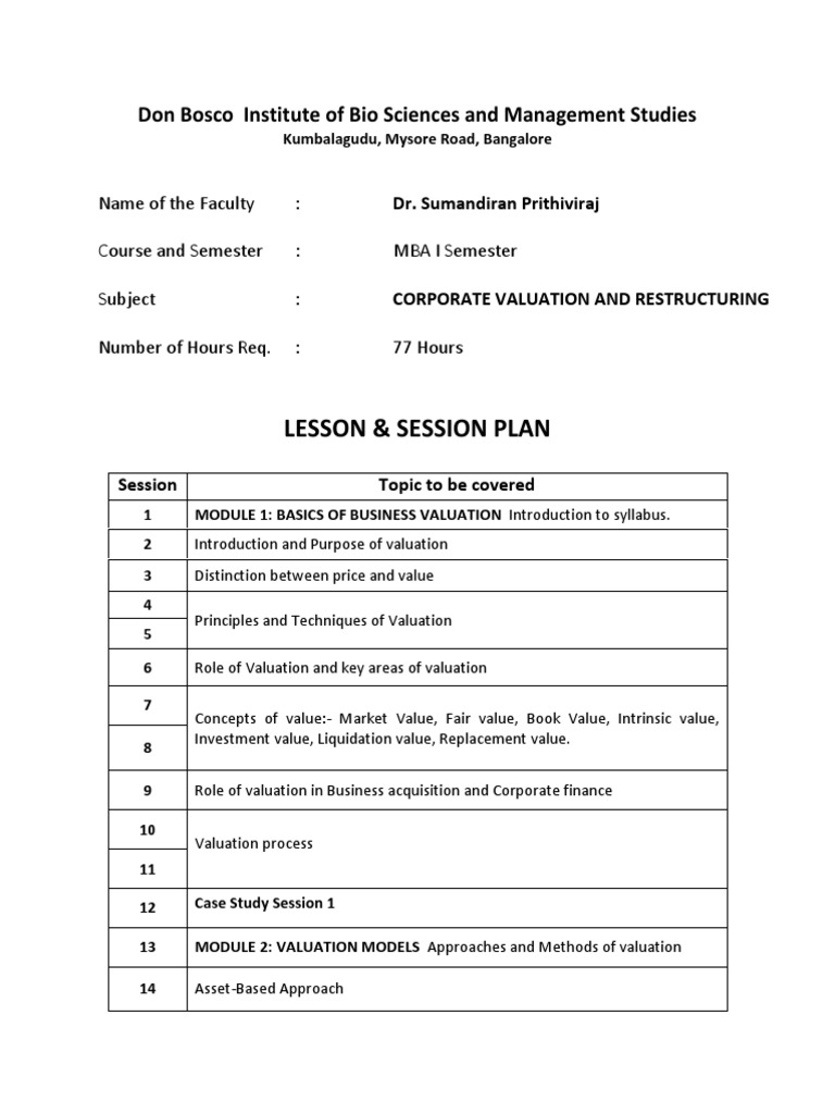 Corporate Valuation & Restructuring MBA Plan | PDF | Business Valuation ...