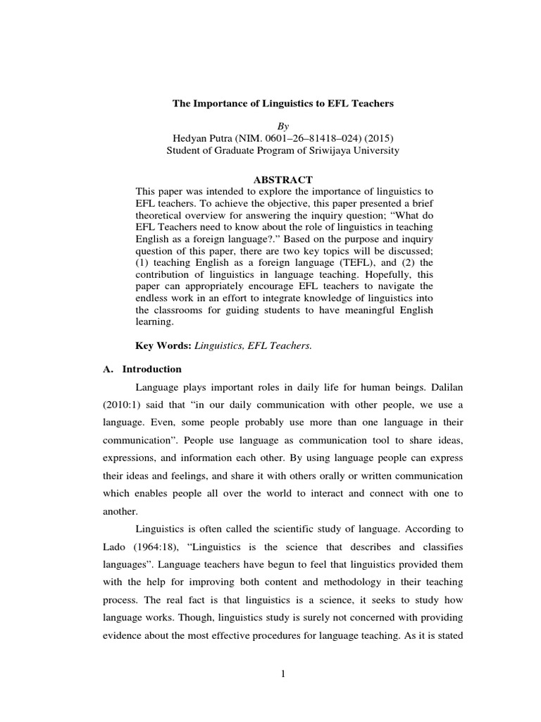 Linguistics' Role in EFL Teaching | PDF | English As A Second Or ...