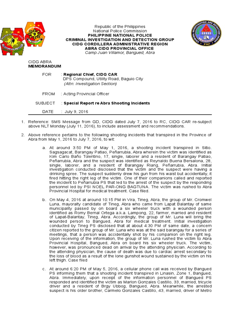 Special Report on Abra Shooting Incidents | PDF | Firearms | Projectiles