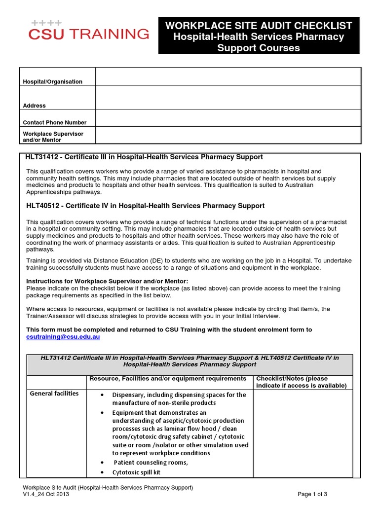 Workplace Site Audit Checklist Pharmacy Pharmacy Prescription Drugs
