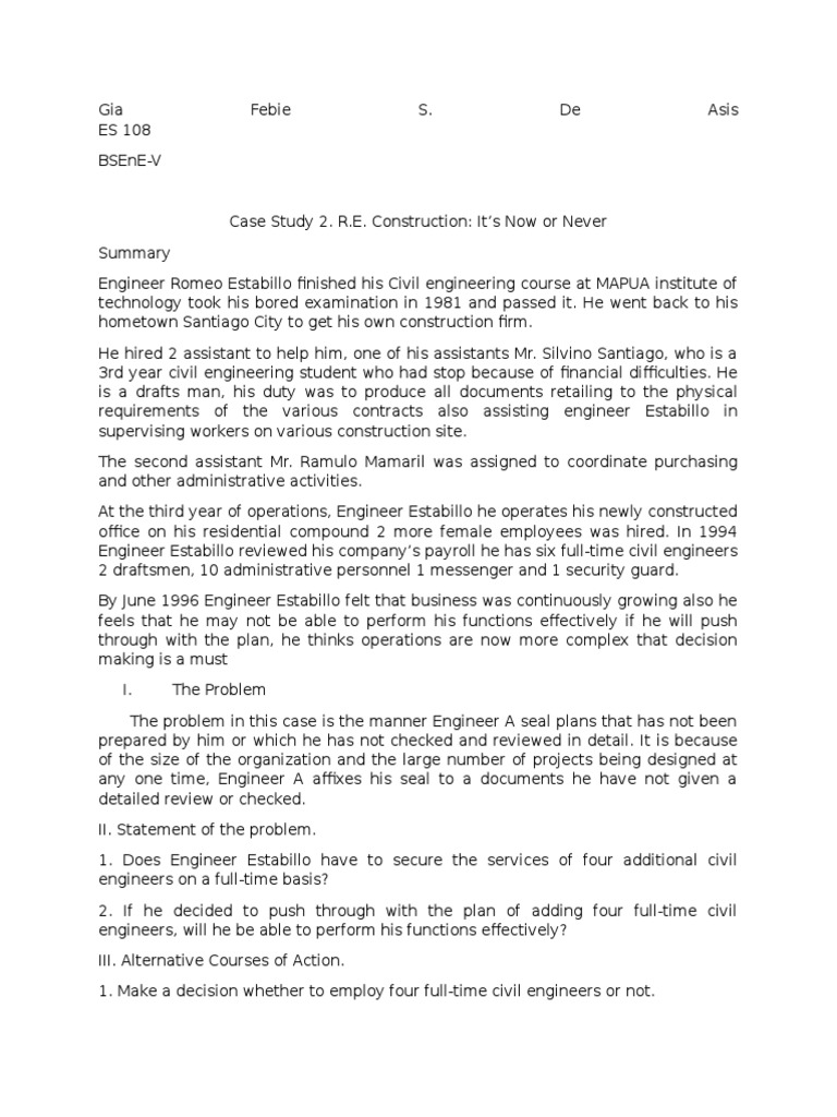 Case Study 2 R.E Construction | PDF | Engineering | Decision Making
