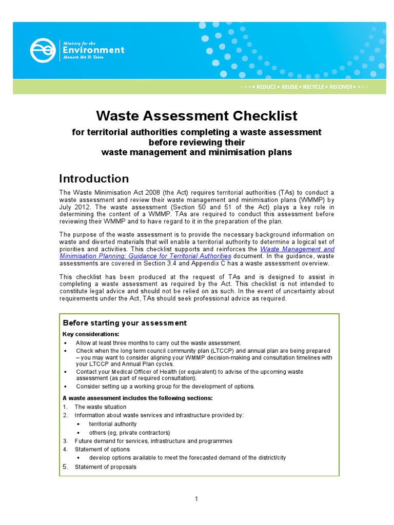 Waste Assessment Checklist Recycling Waste