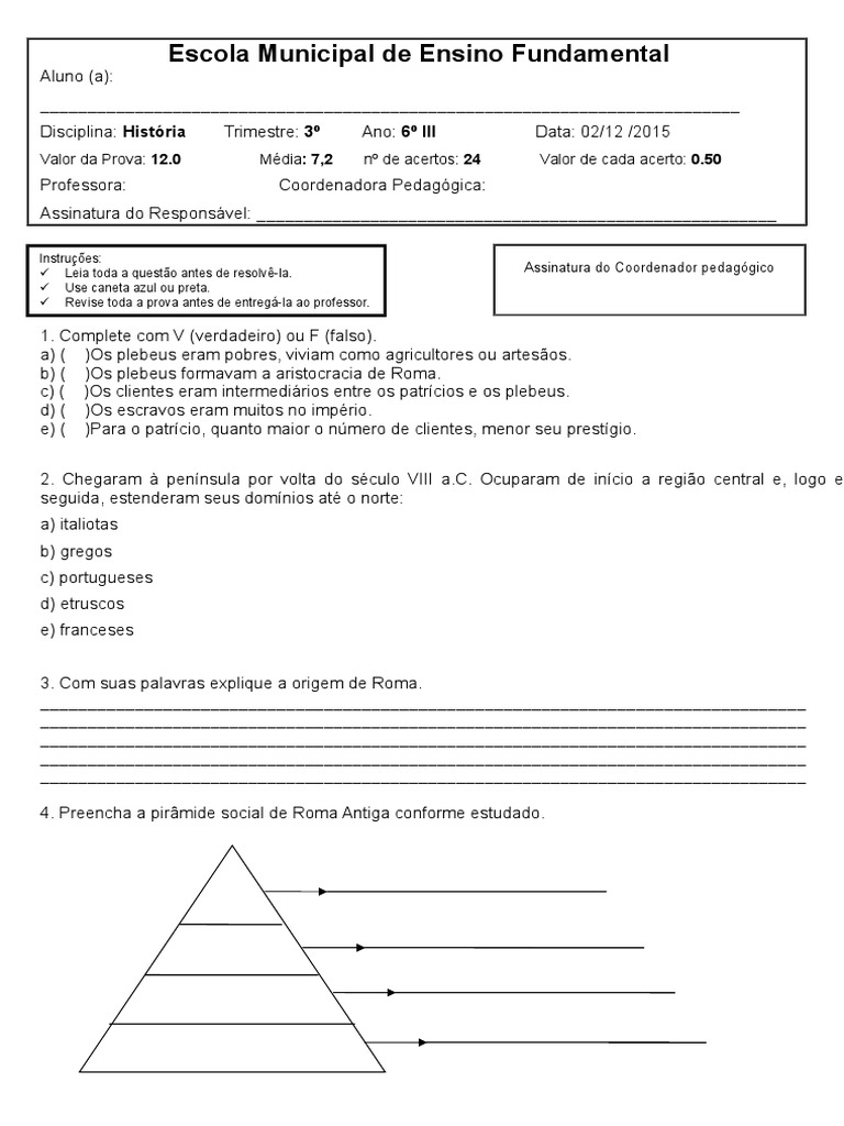 avaliação 3º trimestre 6º Ano Império Romano Roma