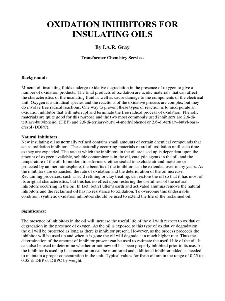 Transformer Oil Oxidation Inhibitors Guide | PDF | Oxygen | Enzyme ...