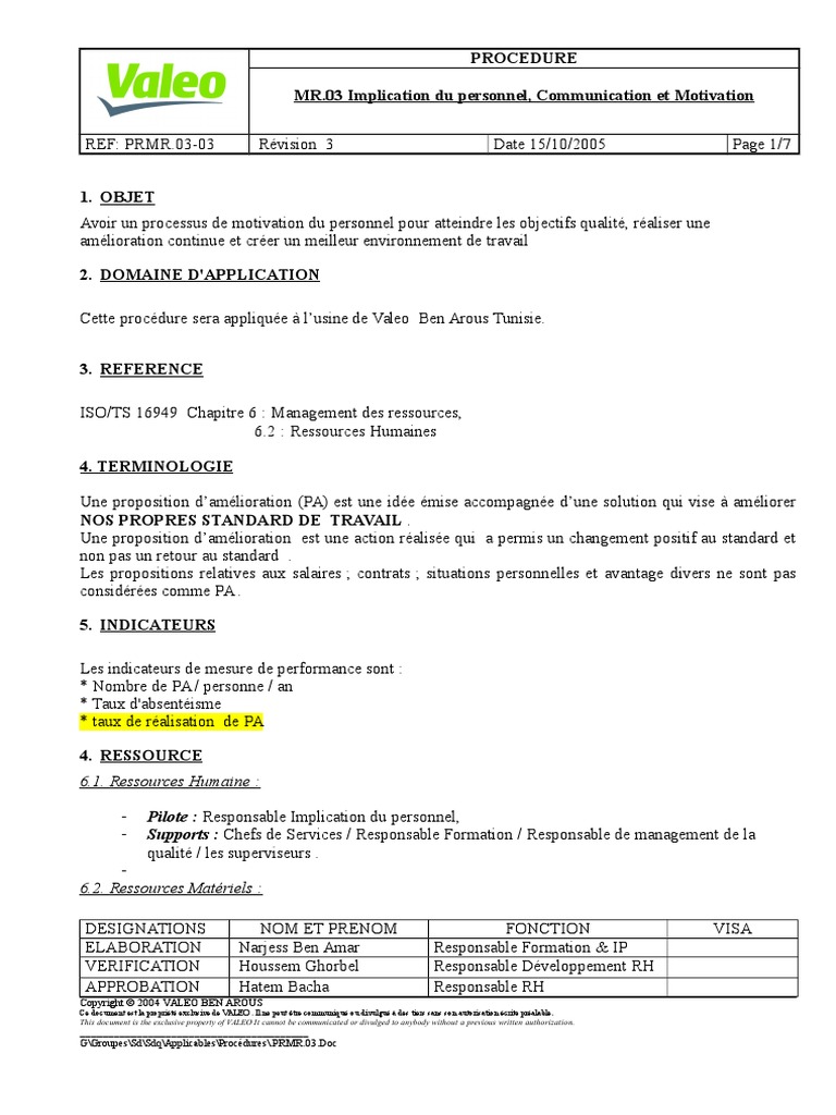 Procedure Implication Du Personnel Communication Et Motivation Redevabilite Direction