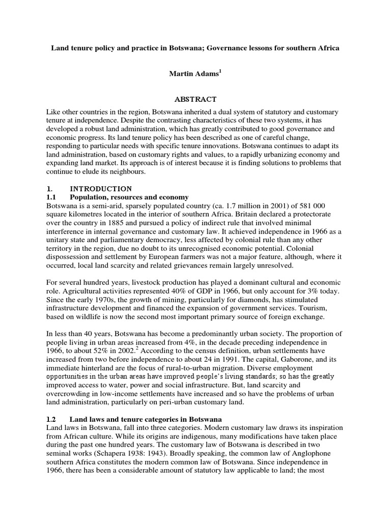 Botswana Land Tenure Policy Overview | PDF | Botswana | Lease