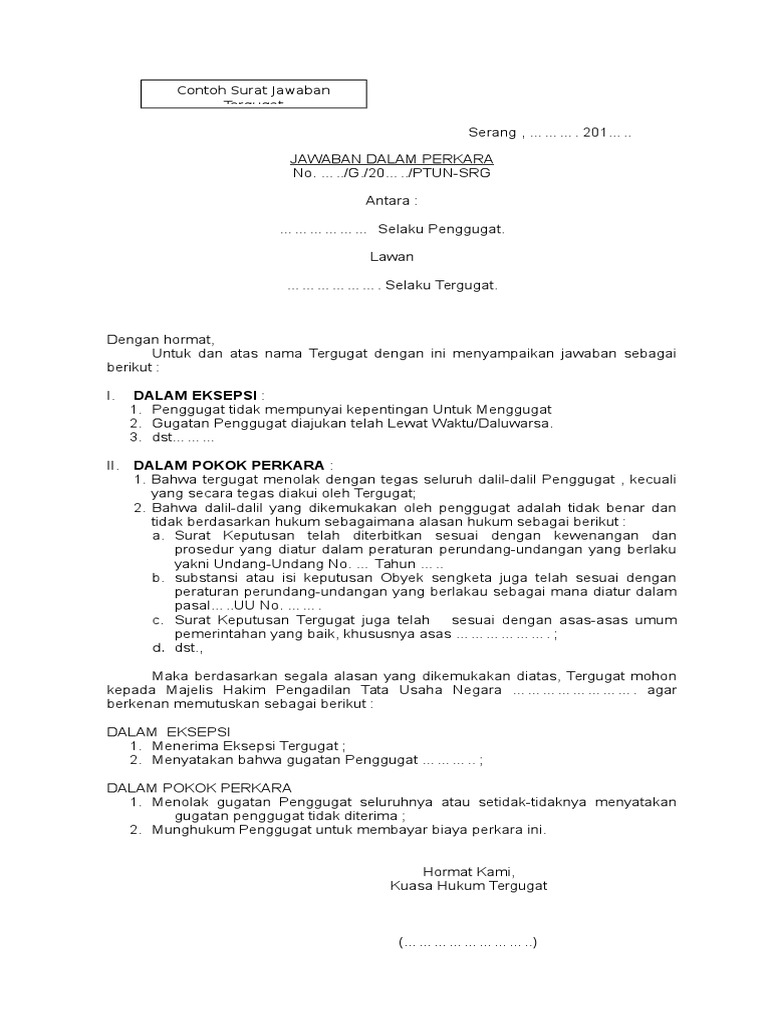 Contoh Surat Jawaban Tergugat