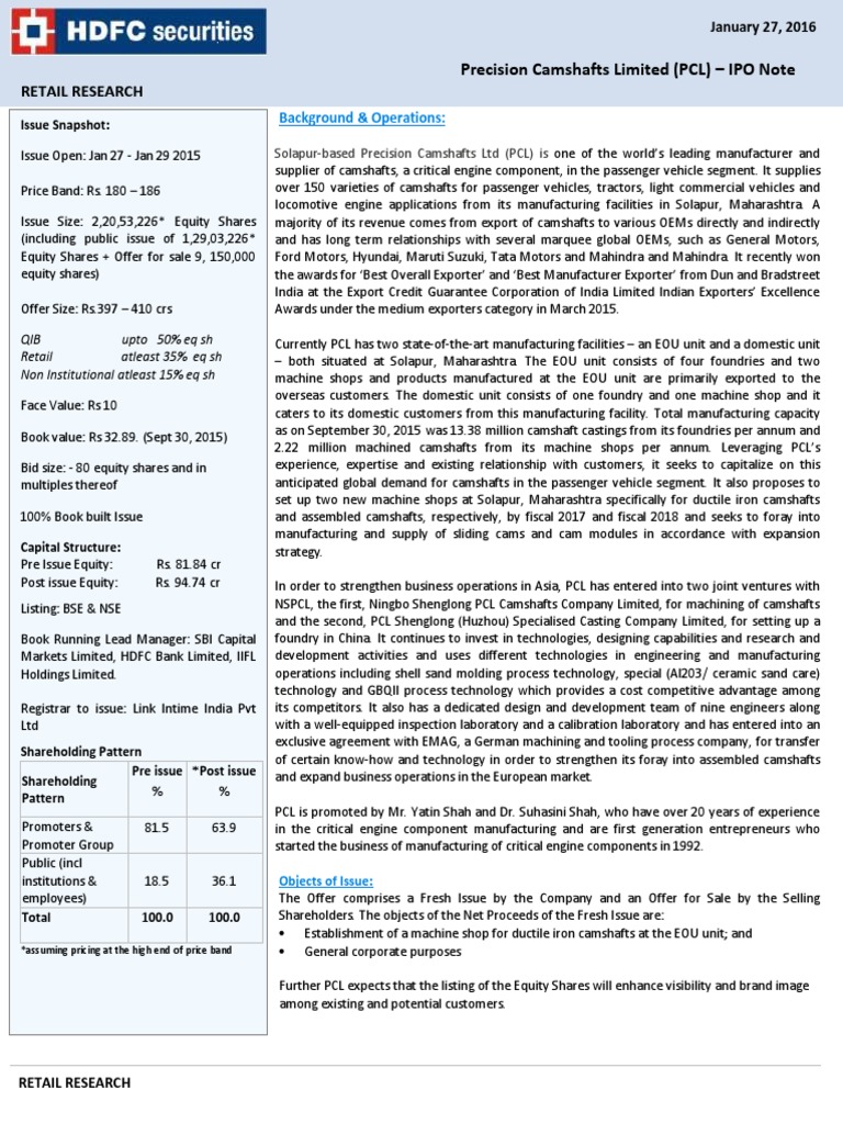 Retail Research Precision Camshafts Limited (PCL) IPO Note PDF