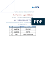 Csir - Central Building Research Institute: PH.D Programme - August 2016 Session