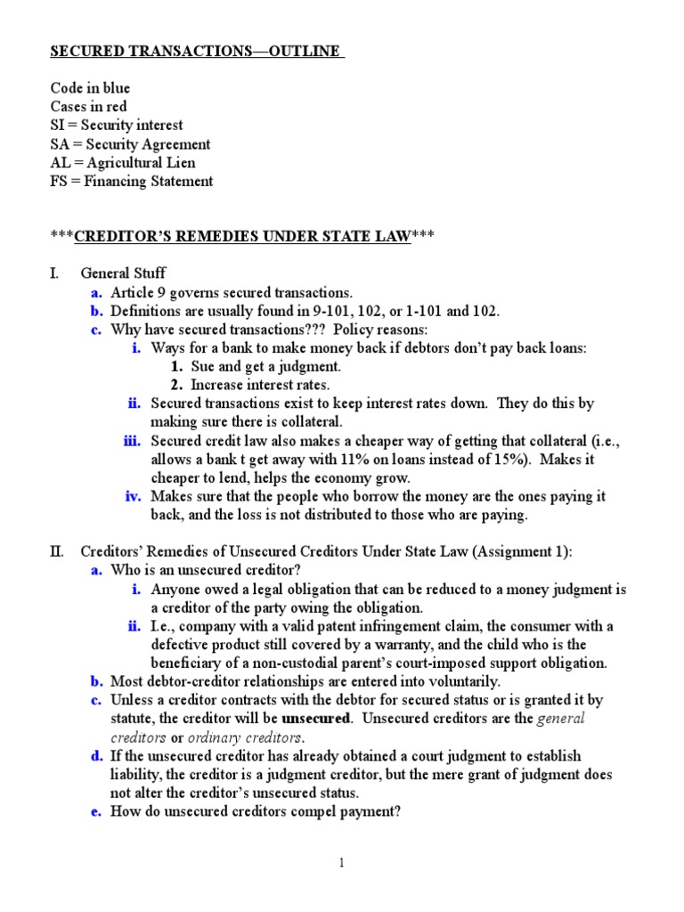 Secured Transactions Outlinex | PDF | Foreclosure | Security Interest