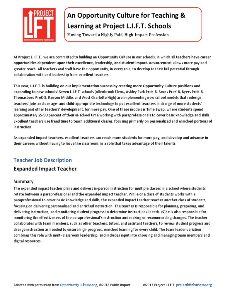 An Opportunity Culture For Teaching & Learning at Project L.I.F.T ...
