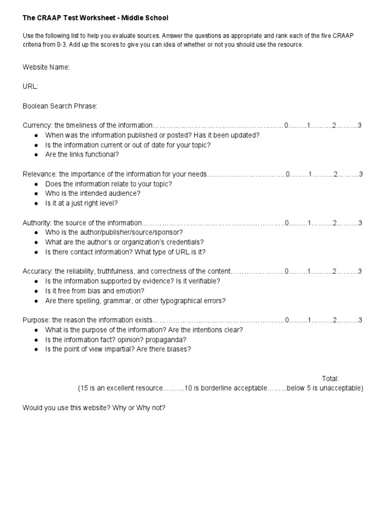CRAAP Test Worksheet-MiddleSchool | PDF
