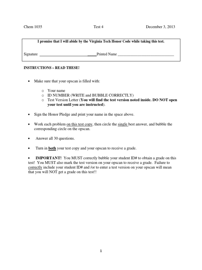 Chem 1035 Test 4 Instructions | PDF | Intermolecular Force | Gases