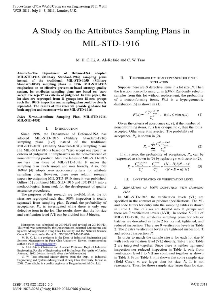 A Study On The Attributes Sampling Plans in MIL-STD-1916: Al-Refaie ...