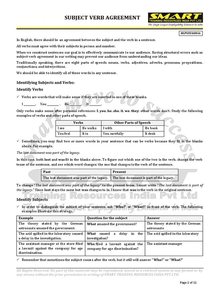 Subject Verb Agreement | Subject (Grammar) | Grammatical Number