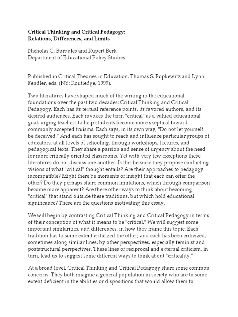 Critical Thinking vs. Critical Pedagogy | PDF | Critical Thinking ...