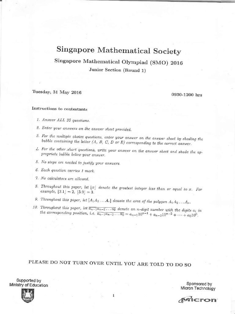 SMO 2016 Junior Section Questions | PDF | Numbers | Euclidean Plane ...