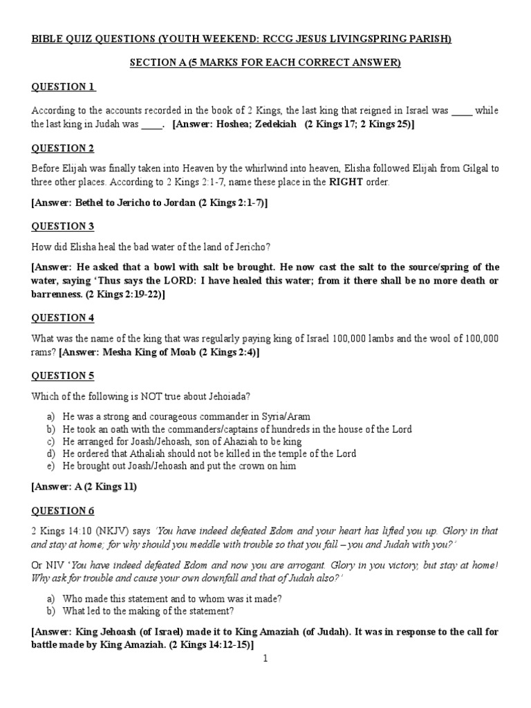 Bible Quiz Questions Pdf Kingdom Of Judah Books Of Kings