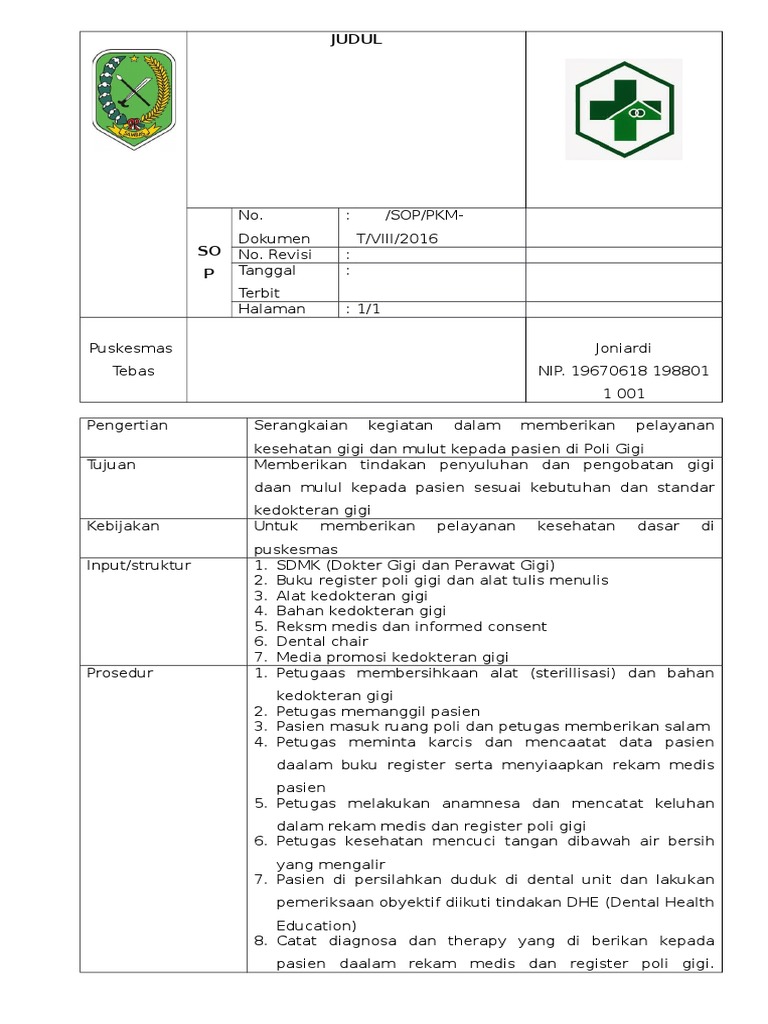 Sop Pelayanan Pengobatan Di Poli Gigi
