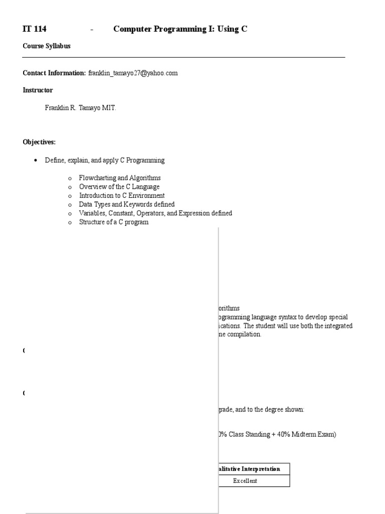 Com Prog I Using C Syllabus | PDF | C (Programming Language) | Test ...