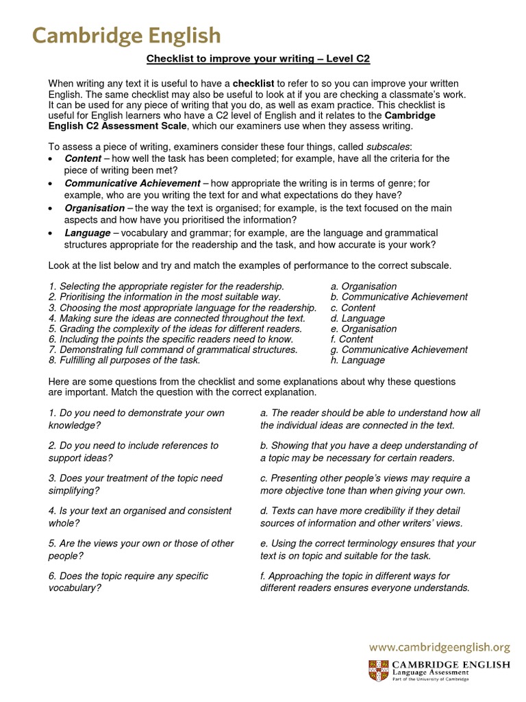 C2 Writing Improvement Checklist | PDF | Vocabulary | English Language