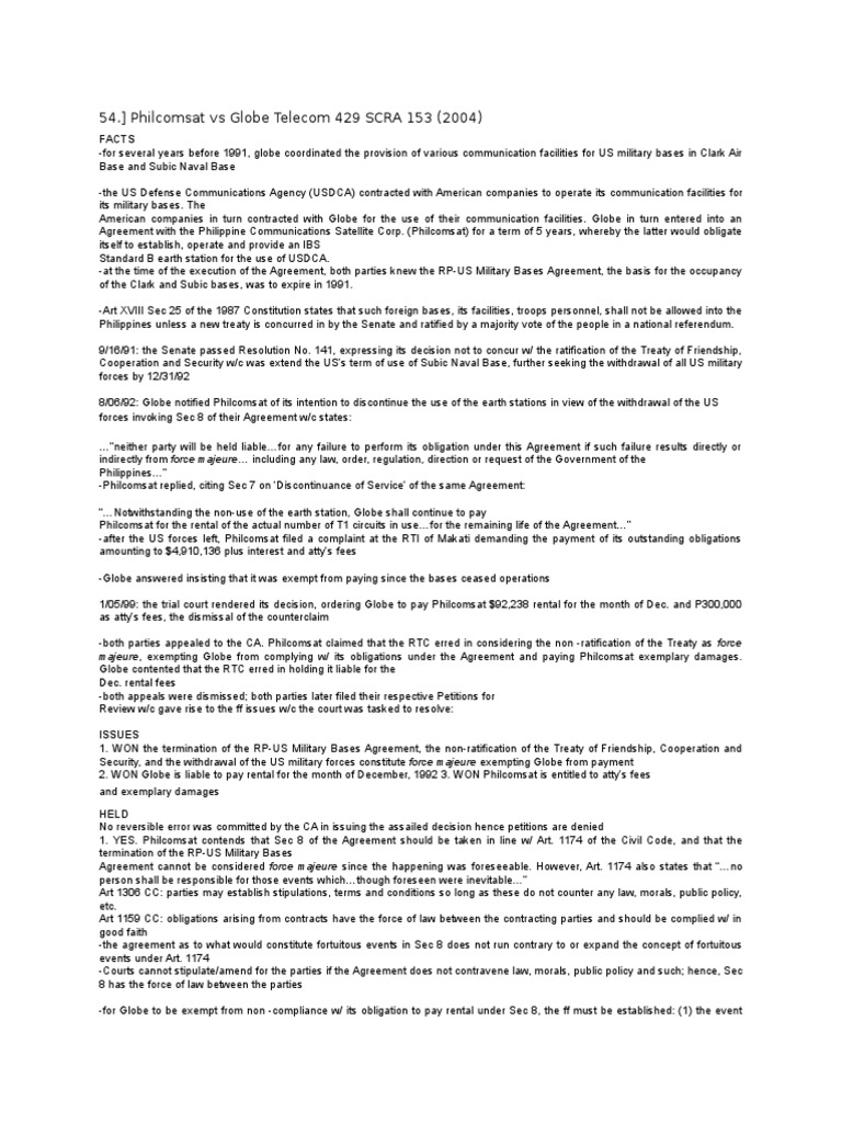 Philcomsat vs Globe Telecom Case Summary | PDF | Treaty | Ratification