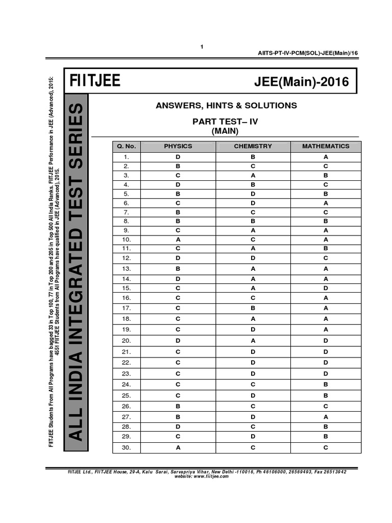 Fiit Jee Jee All India Test Series Answer Key PDF Chemistry