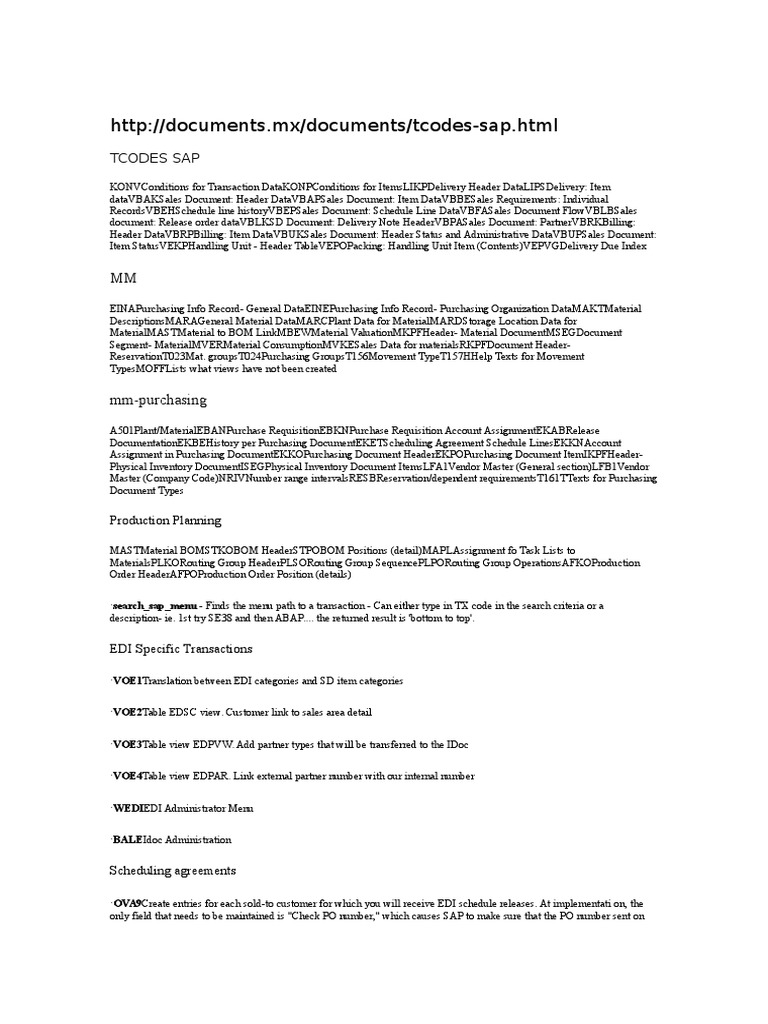 Tcodes Sap | PDF | Subroutine | Windows Registry