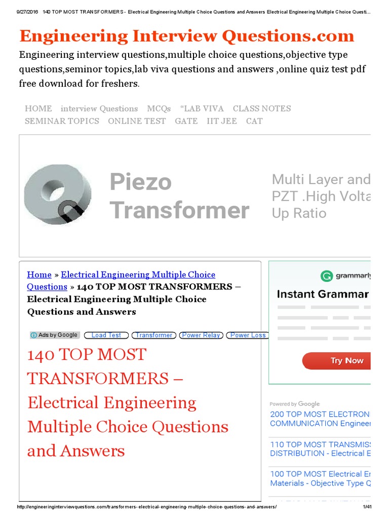 140 TOP MOST TRANSFORMERS Electrical Engineering Multiple Choice