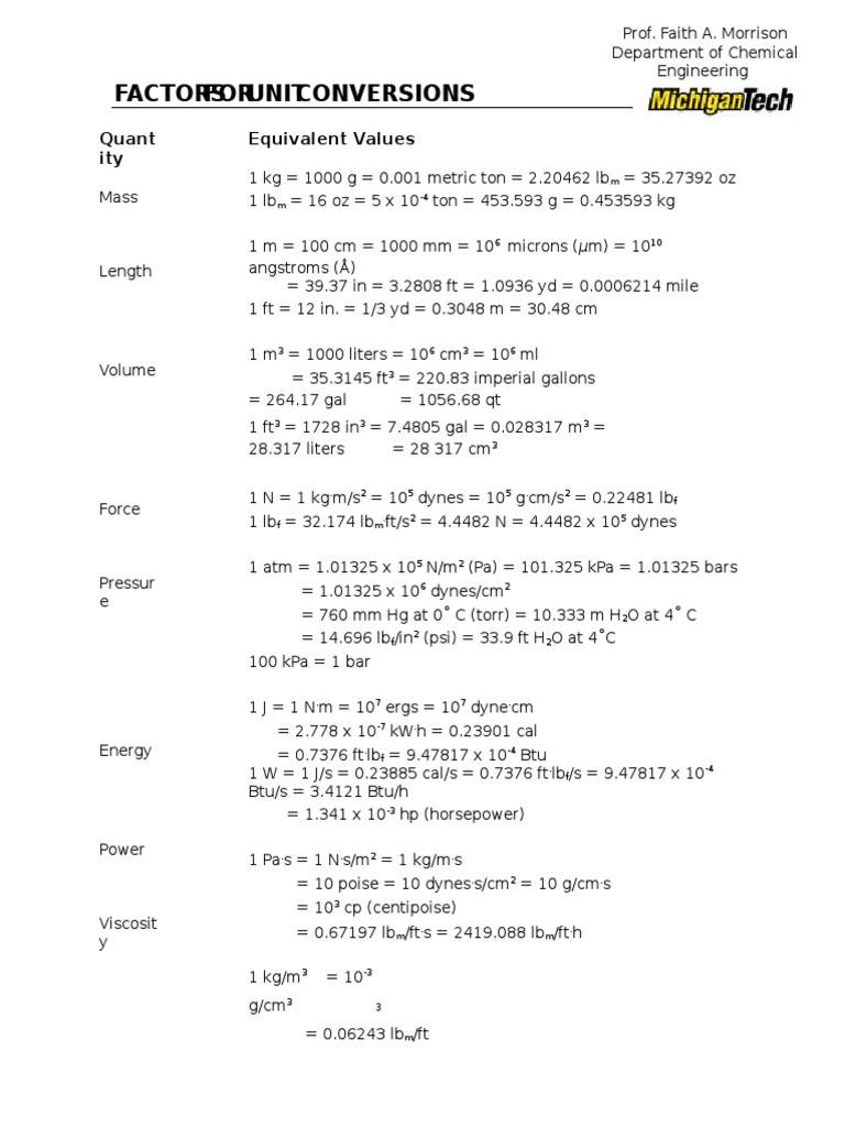 Factors FOR Unit Conversions: Quant Ity Equivalent Values | PDF