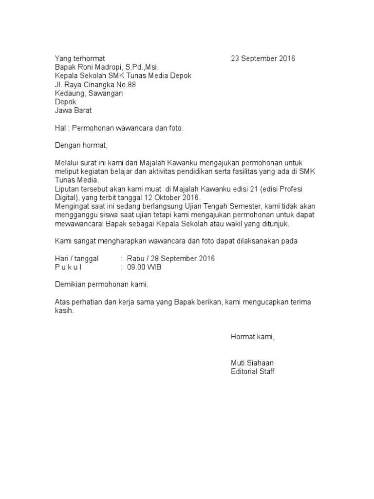 Contoh Surat Permohonan Wawancara Dengan Narasumber