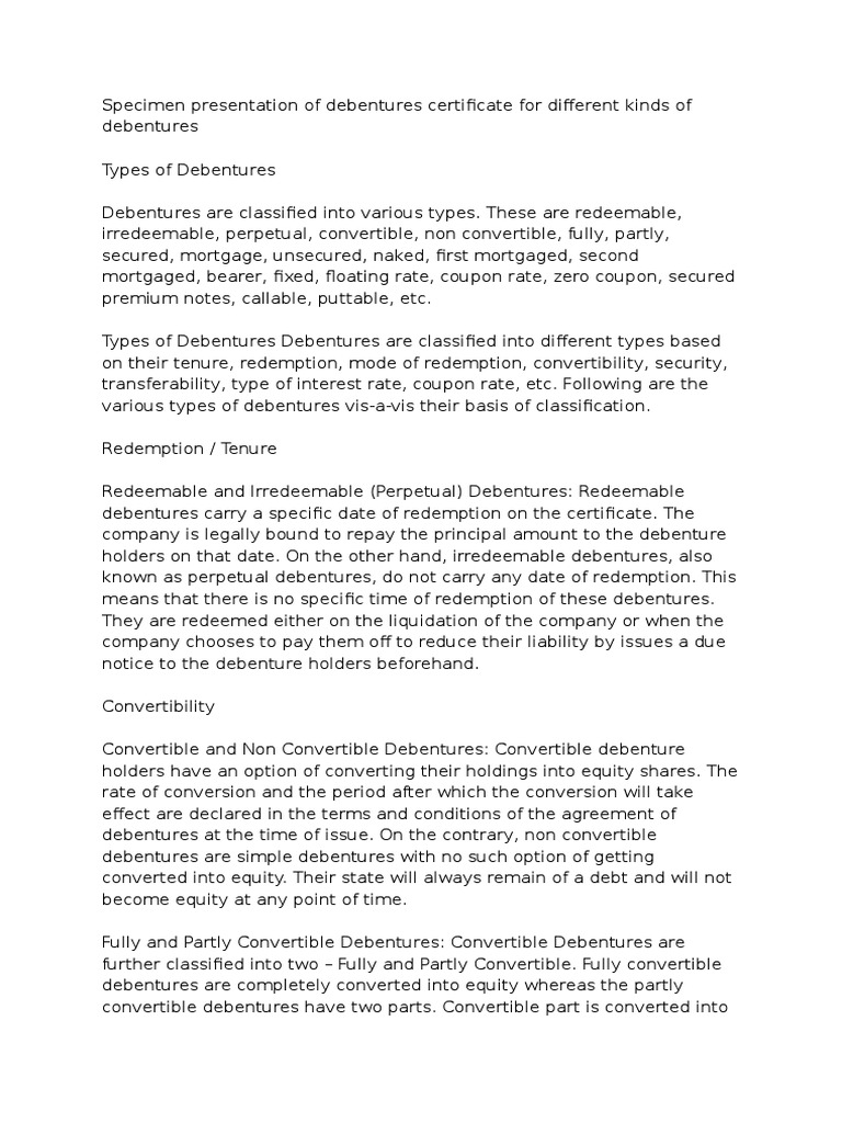 Types and Formats of Debenture Certificates | PDF | Debenture | Bonds ...