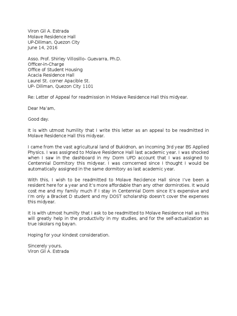 Letter of Appeal DORM Dormitory Houses