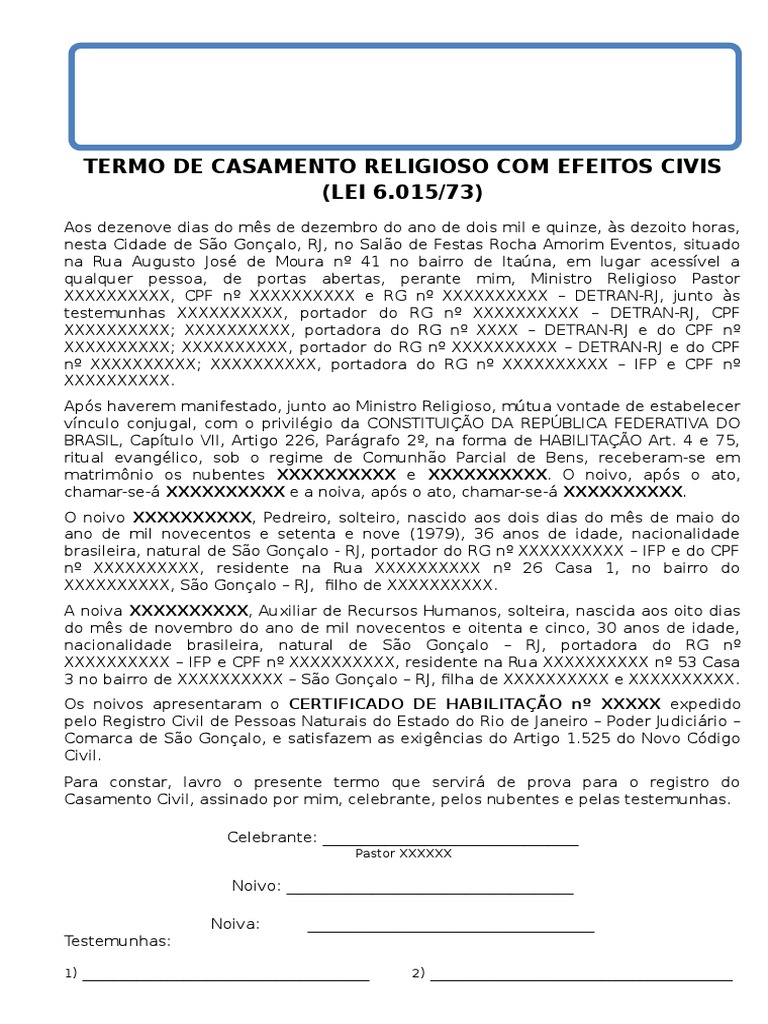 Modelo Termo Casamento Religioso Evangélico