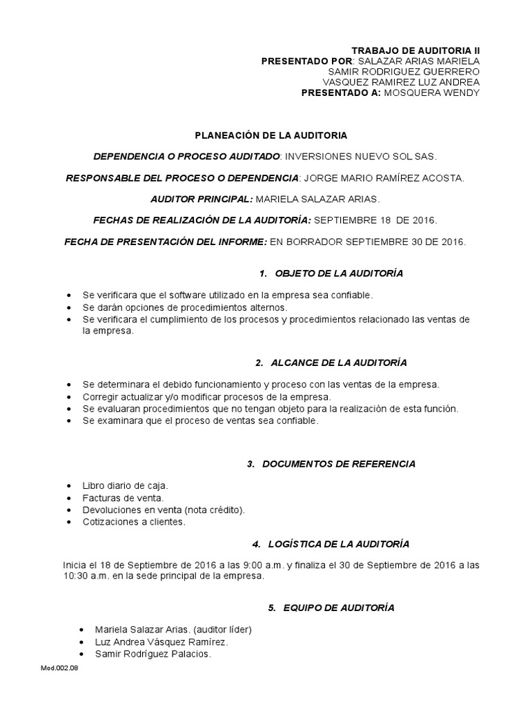 Auditoría de Ventas en Inversiones Nuevo Sol | PDF | Contralor ...