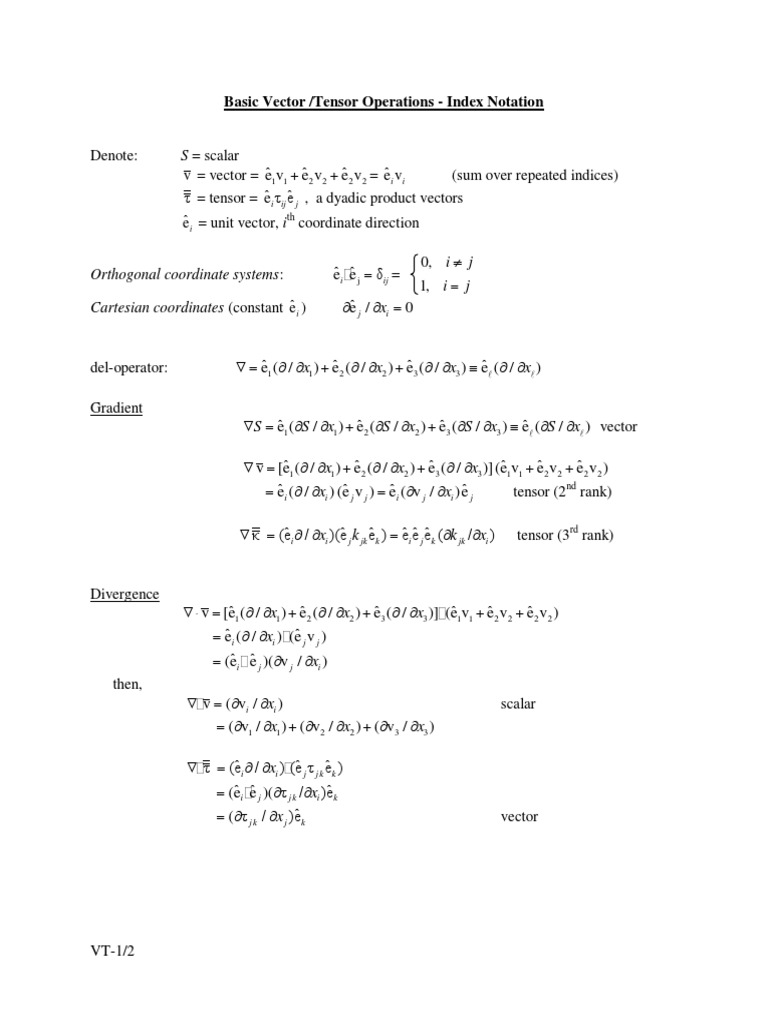 Basic Vector Tensor Operations Index Notation Vt Pdf