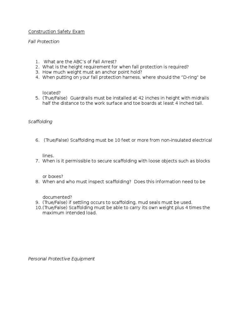 Construction Safety Exam PDF Scaffolding Personal Protective