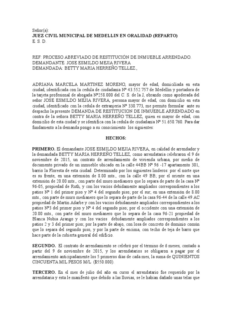 Restitucion de Inmueble Arrendado Demanda | PDF