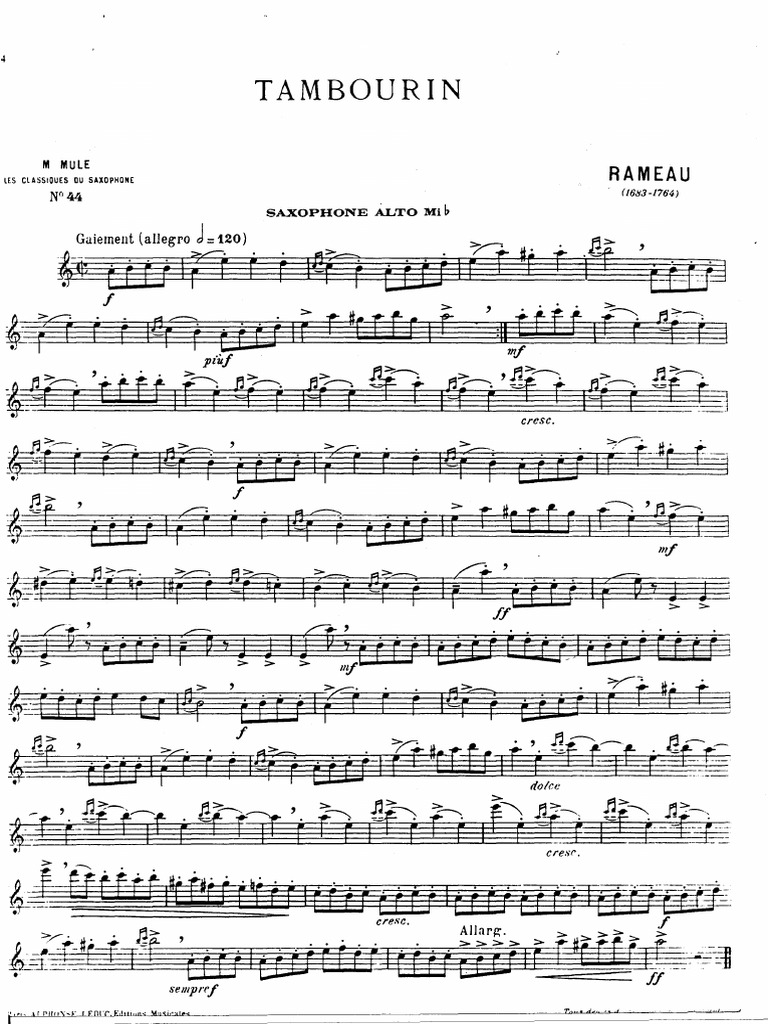 JeanPhilippe Rameau Tambourin (Alto Saxophone & Piano) PDF
