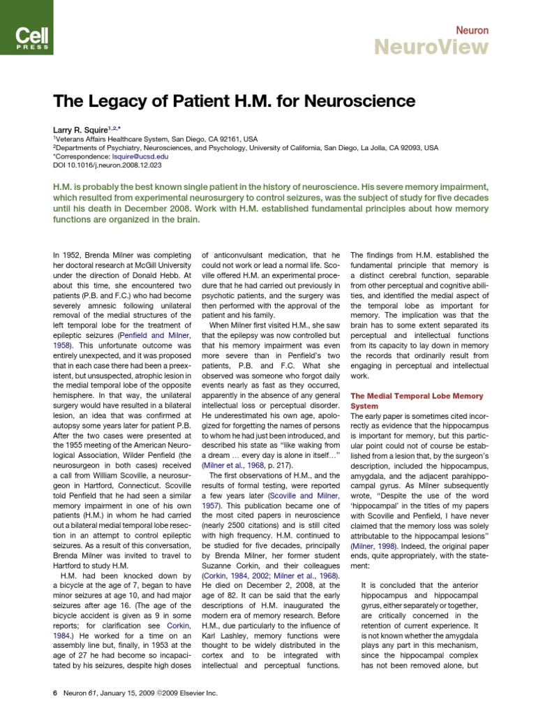 Neuroview: The Legacy of Patient H.M. For Neuroscience | PDF ...