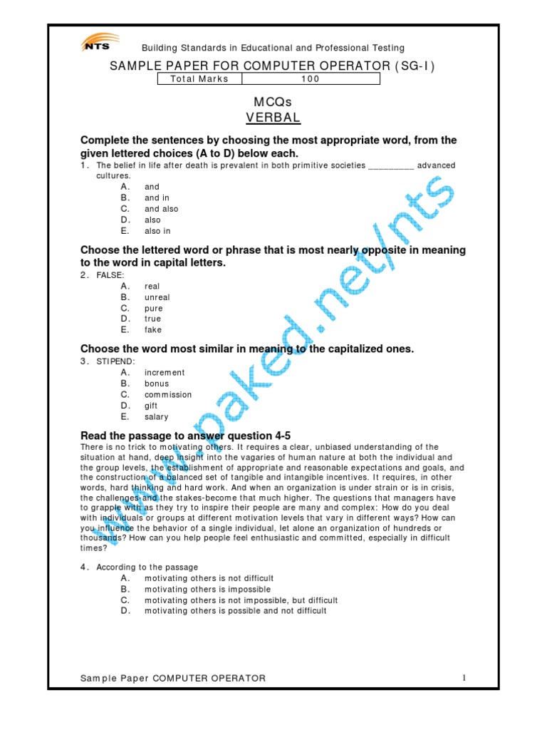 Sample Paper For Computer Operator (Sg-I) : Mcqs Verbal | PDF ...