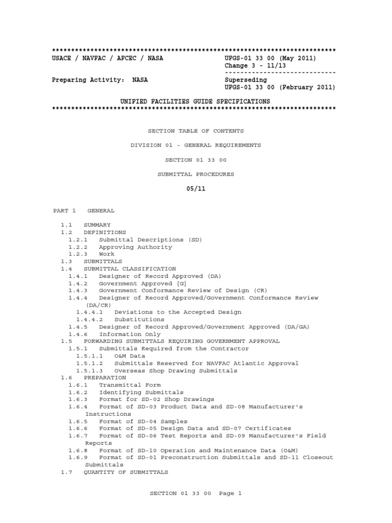 UFGS 01 33 00Submittals Specification (Technical Standard) Design