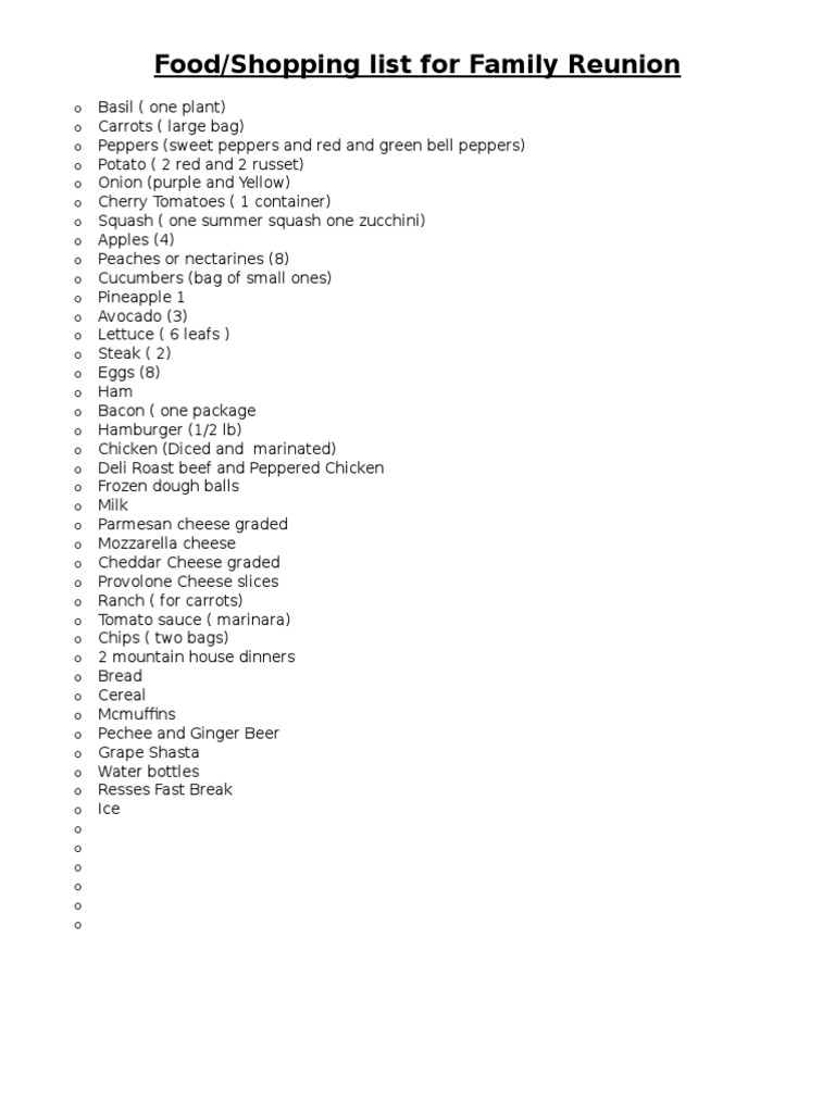 Food/Shopping List For Family Reunion | PDF | Cooking, Food & Wine | Wellness for Free Printable Family Reunion Checklist