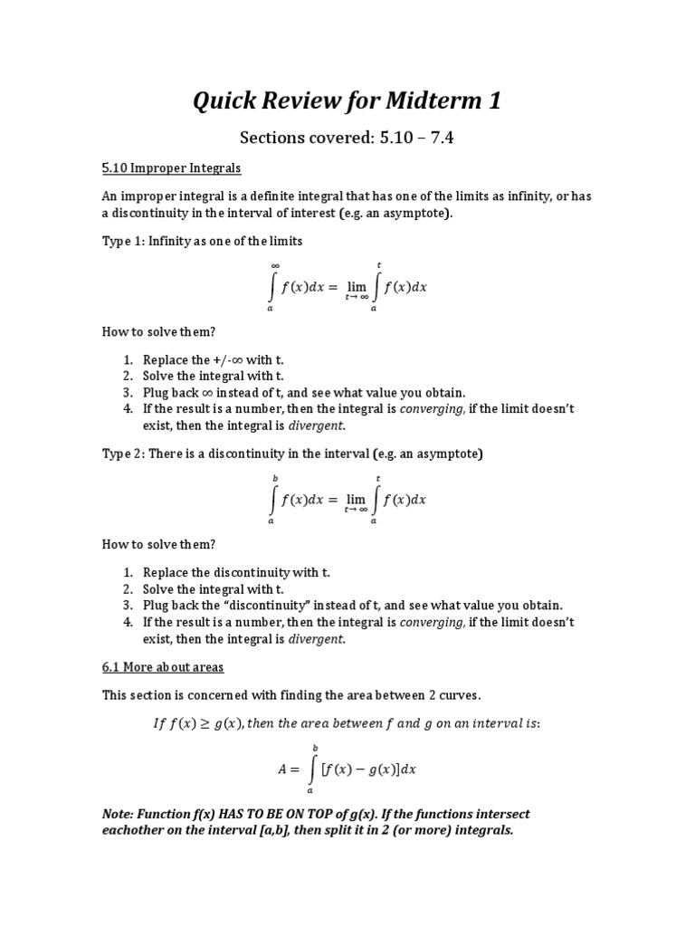 Midterm 1 Review: Improper Integrals & Areas | PDF | Limit (Mathematics ...