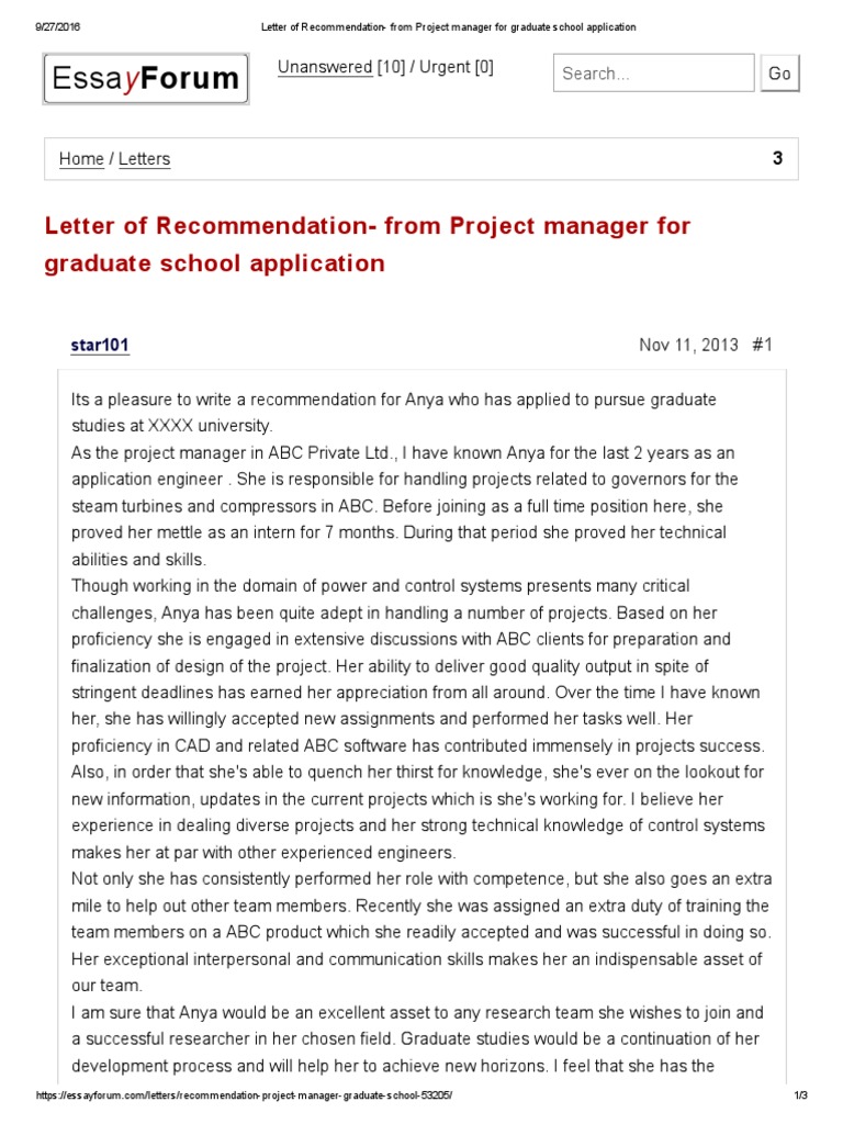 Letter of Recommendation- from Project manager for ...